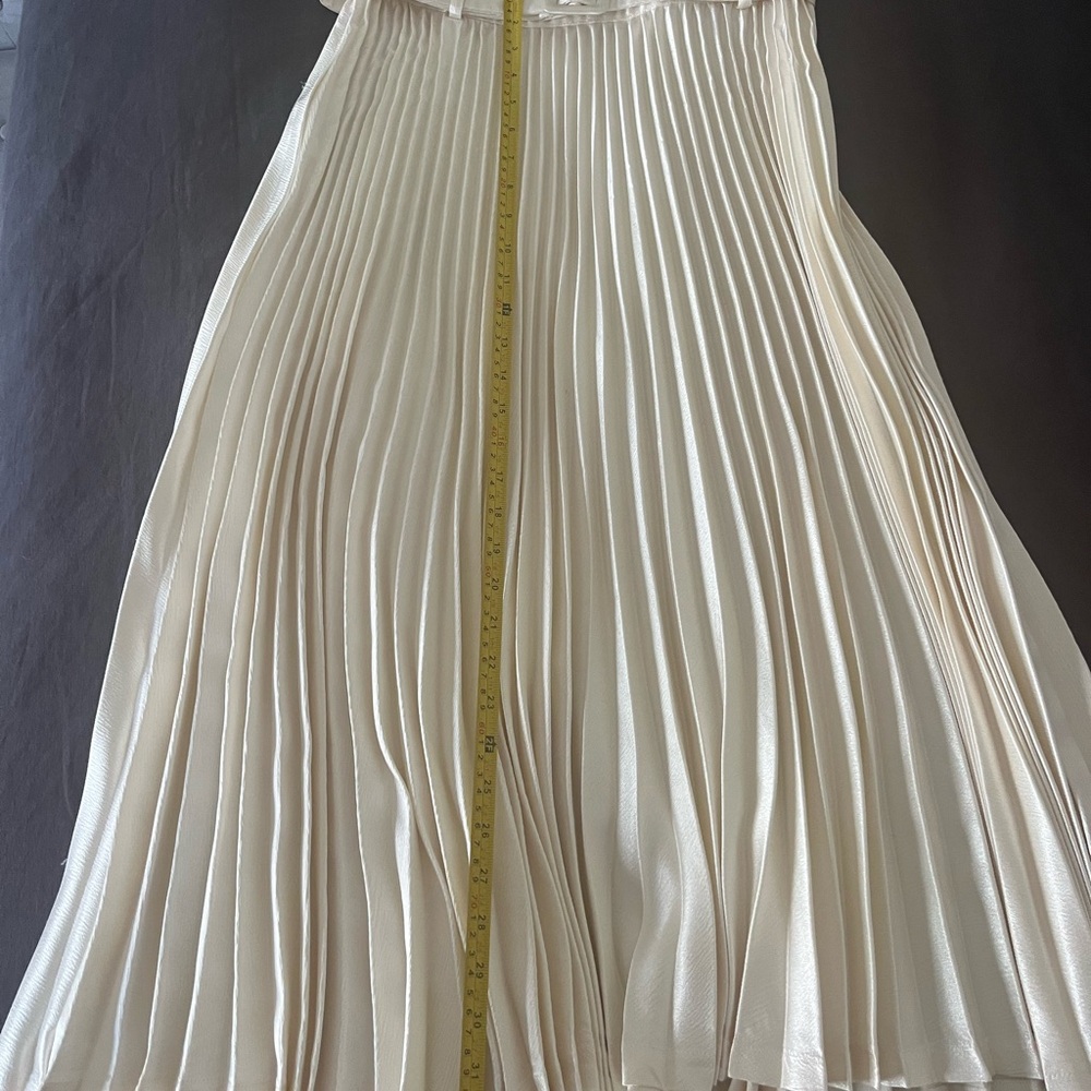 SOLD Audrey Hepburn Moon River Cream Satin Pleated Belted Midi Skirt - Picture 9 of 14